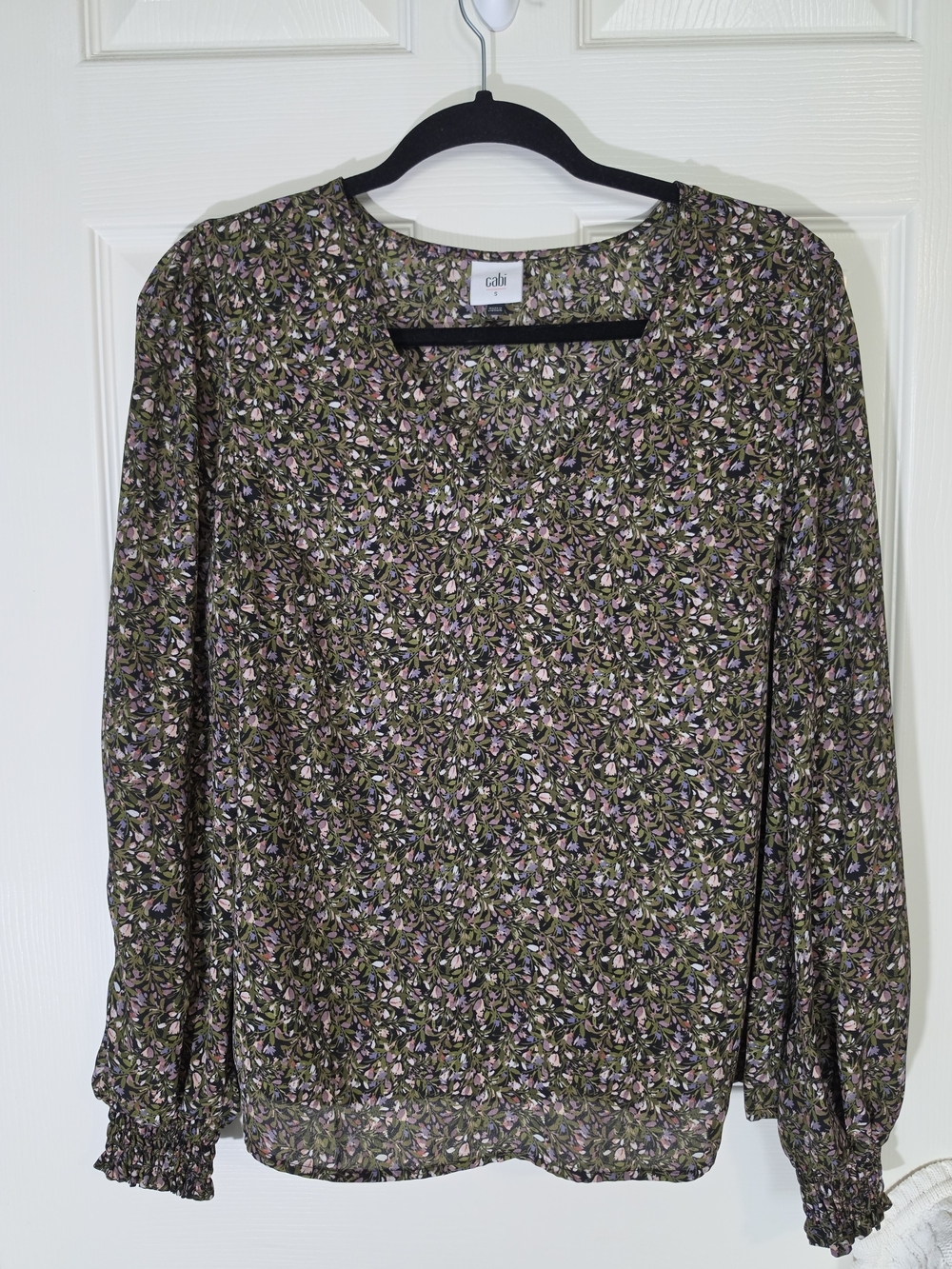 CAbi Floral Long-Sleeve Blouse in Olive and Lavender
